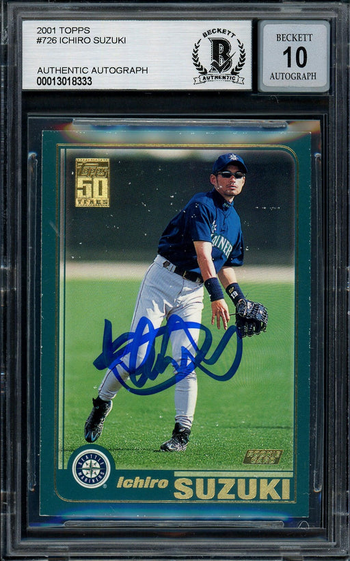Ichiro Suzuki Autographed 2001 Topps Rookie Card #726 Seattle Mariners Auto Grade Gem Mint 10 (Off Condition) Beckett BAS #13018333 - RSA