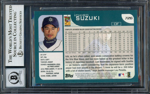 Ichiro Suzuki Autographed 2001 Topps Rookie Card #726 Seattle Mariners Auto Grade Gem Mint 10 (Off Condition) Beckett BAS #13018333 - RSA