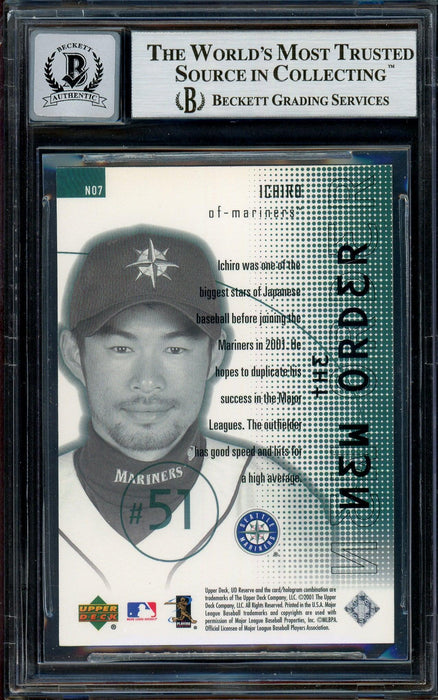 Ichiro Suzuki Autographed 2001 Upper Deck New Order Rookie Card #NO7 Seattle Mariners Auto Grade Gem Mint 10 Beckett BAS #13018484 - RSA