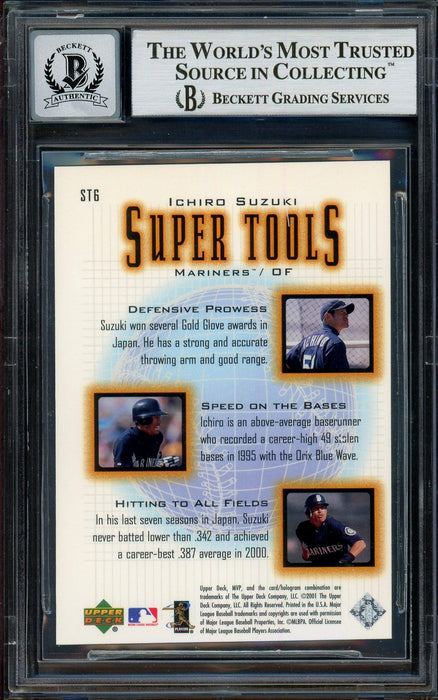 Ichiro Suzuki Autographed 2001 Upper Deck MVP Super Tools Rookie Card #ST6 Seattle Mariners Auto Grade Gem Mint 10 Beckett BAS #13018509 - RSA