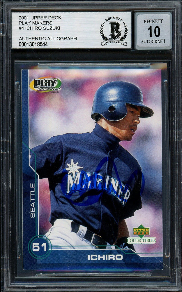 Ichiro Suzuki Autographed 2001 Upper Deck Play Makers Rookie Card #4 Seattle Mariners Auto Grade Gem Mint 10 Beckett BAS #13018544 - RSA