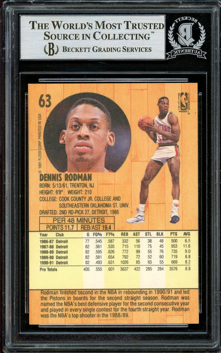 Dennis Rodman Autographed 1991-92 Fleer Card #63 Detroit Pistons Beckett BAS Stock #195015 - RSA