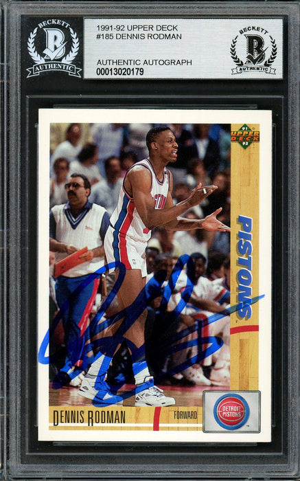 Dennis Rodman Autographed 1991-92 Upper Deck Card #185 Detroit Pistons Beckett BAS Stock #195025 - RSA