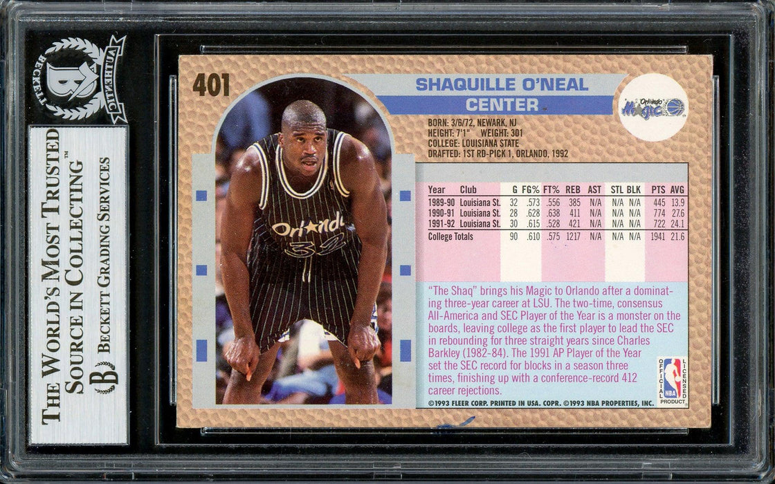 Shaquille Shaq O'Neal Autographed 1992-93 Fleer Rookie Card #401 Orlando Magic Beckett BAS #13020211 - RSA