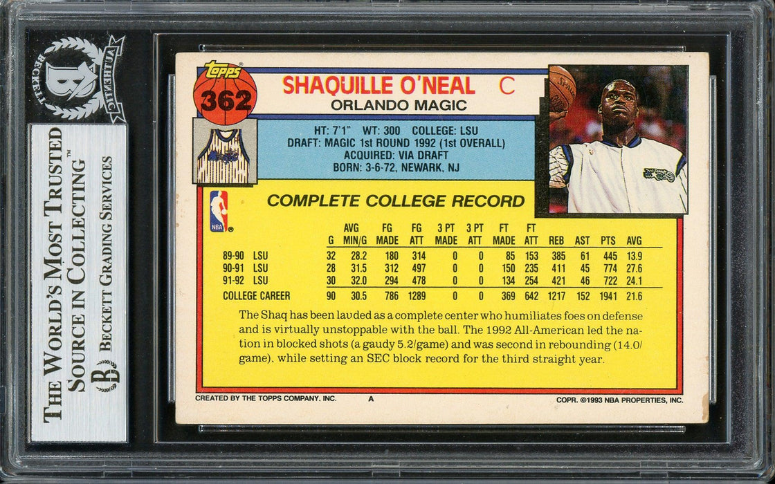Shaquille Shaq O'Neal Autographed 1992-93 Topps Rookie Card #362 Orlando Magic (Off Condition) Beckett BAS #13020385 - RSA