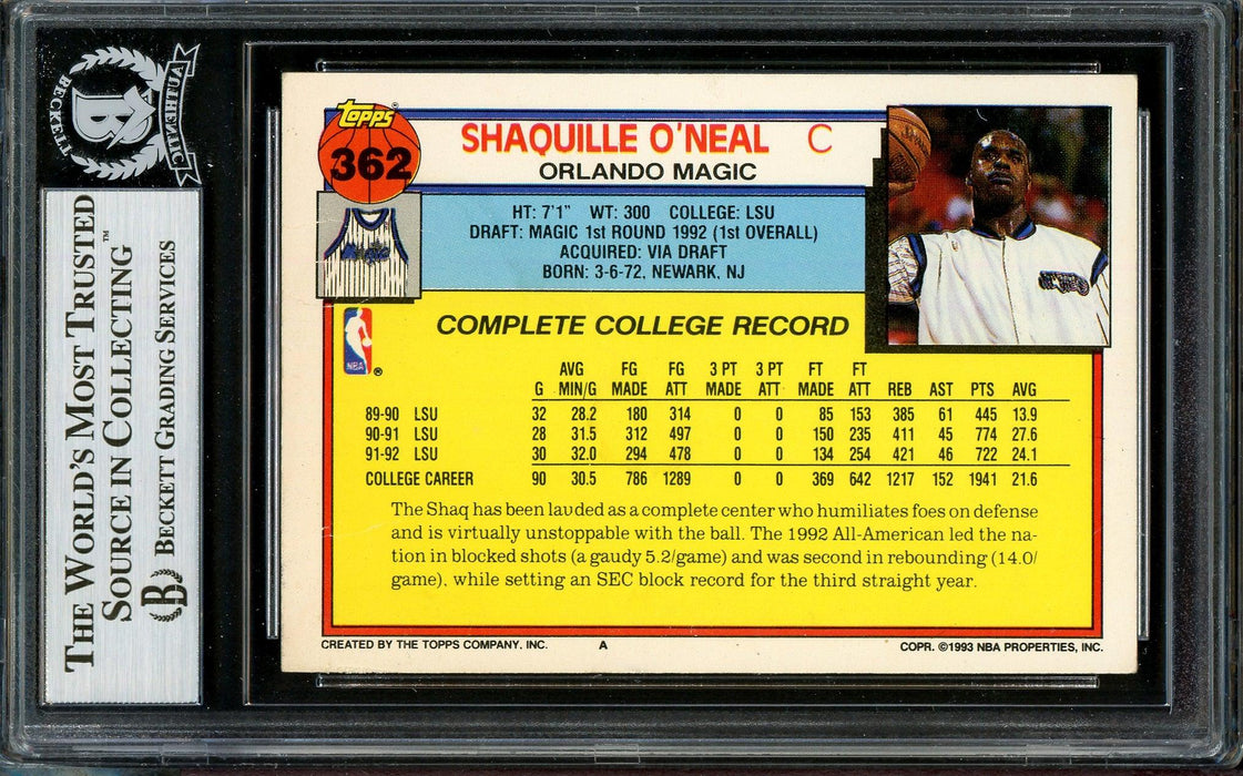 Shaquille Shaq O'Neal Autographed 1992-93 Topps Rookie Card #362 Orlando Magic (Off Condition) Beckett BAS #13020384 - RSA