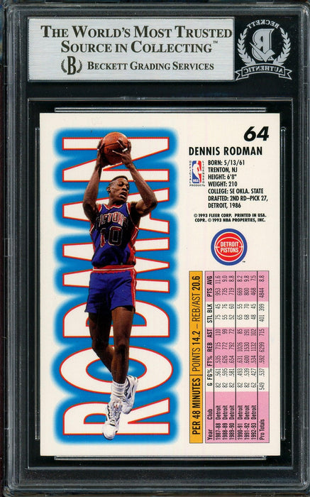 Dennis Rodman Autographed 1993-94 Fleer Card #64 Detroit Pistons Beckett BAS #13020641 - RSA