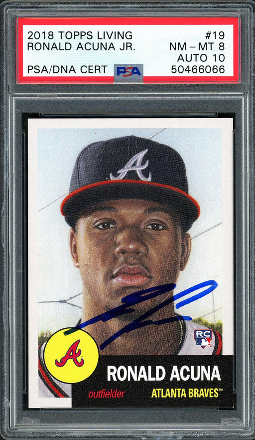 Ronald Acuna Jr. Autographed 2018 Topps Living Rookie Card #19 Atlanta Braves PSA 8 Auto Grade Gem Mint 10 PSA/DNA #50466066 - RSA