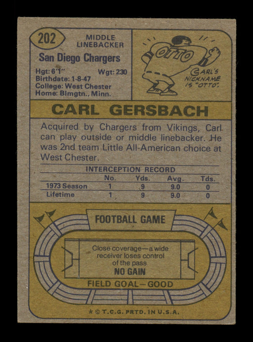 Carl Otto Gersbach Autographed 1974 Topps Card #202 San Diego Chargers SKU #195419 - RSA