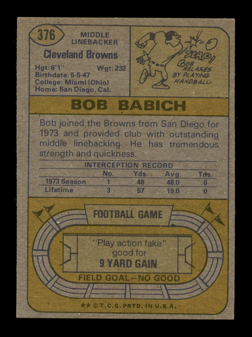 Bob Babich Autographed 1974 Topps Card #376 Cleveland Browns SKU #195431 - RSA