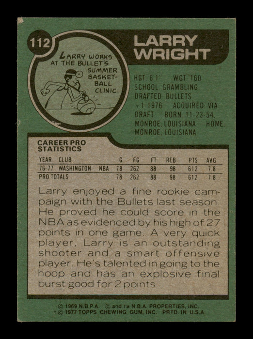 Larry Wright Autographed 1977-78 Topps Card #112 Washington Bullets SKU #195488 - RSA