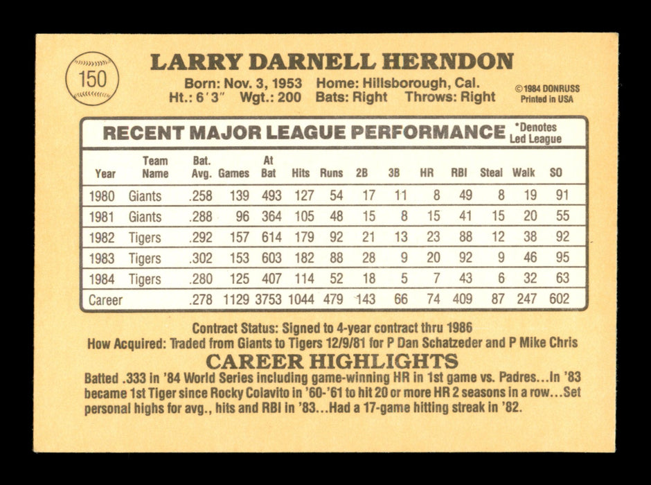 Larry Herndon Autographed 1985 Donruss Card #150 Detroit Tigers SKU #195573 - RSA