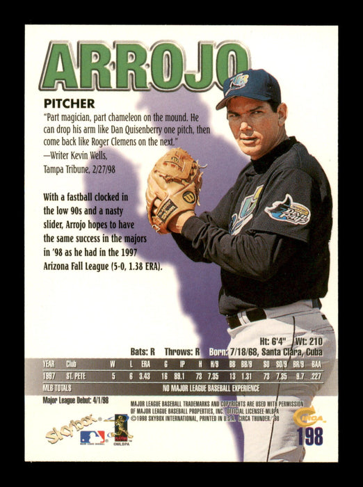 Rolando Arrojo Autographed 1998 Skybox Thunder Card #198 Tampa Rays SKU #195620 - RSA