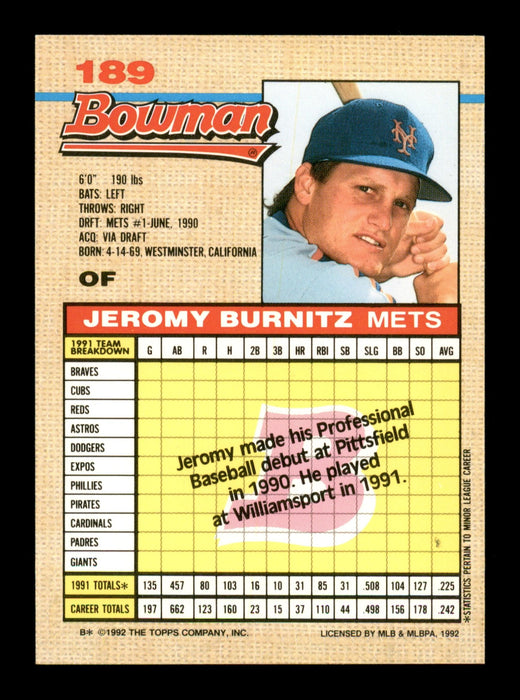 Jeromy Burnitz Autographed 1992 Bowman Rookie Card #189 New York Mets SKU #195646 - RSA