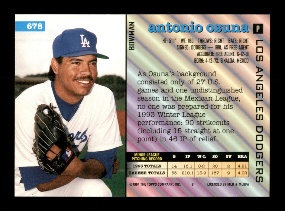 Antonio Osuna Autographed 1994 Bowman Card #678 Los Angeles Dodgers SKU #195733 - RSA