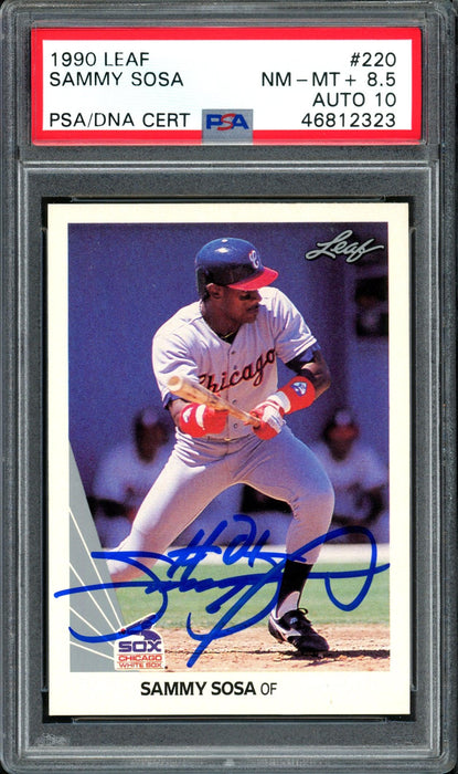 Sammy Sosa Autographed 1990 Leaf Rookie Card #220 Chicago White Sox Auto Grade 10 Card Grade 8.5 PSA/DNA #46812323 - RSA