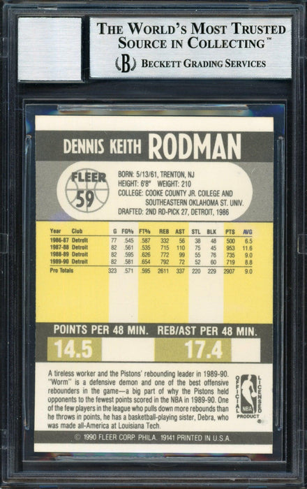 Dennis Rodman Autographed 1990-91 Fleer Card #59 Detroit Pistons Auto Grade 10 Beckett BAS Stock #184726 - RSA