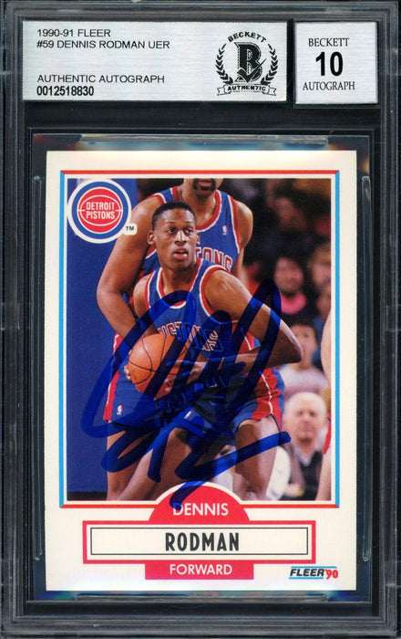Dennis Rodman Autographed 1990-91 Fleer Card #59 Detroit Pistons Auto Grade 10 Beckett BAS Stock #184726 - RSA
