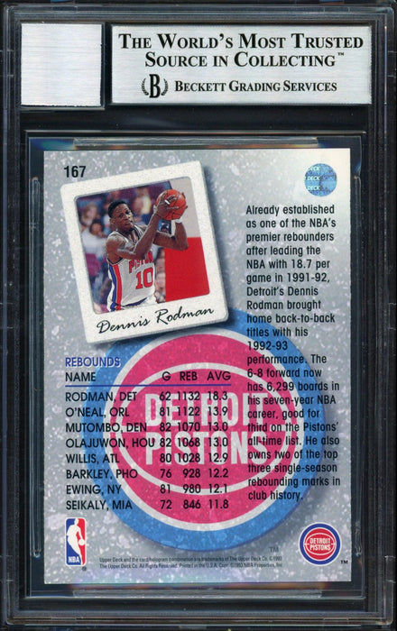 Dennis Rodman Autographed 1993-94 Upper Deck Card #167 Detroit Pistons Auto Grade 10 Beckett BAS #12518869 - RSA