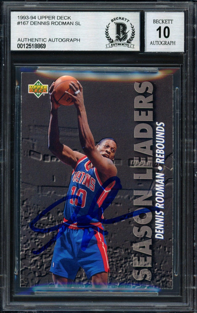 Dennis Rodman Autographed 1993-94 Upper Deck Card #167 Detroit Pistons Auto Grade 10 Beckett BAS #12518869 - RSA