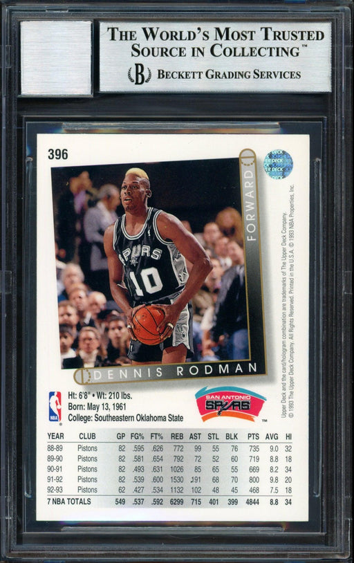 Dennis Rodman Autographed 1993-94 Upper Deck Card #396 San Antonio Spurs Auto Grade 10 Beckett BAS #12518891 - RSA