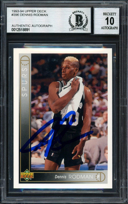 Dennis Rodman Autographed 1993-94 Upper Deck Card #396 San Antonio Spurs Auto Grade 10 Beckett BAS #12518891 - RSA