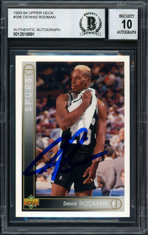 Dennis Rodman Autographed 1993-94 Upper Deck Card #396 San Antonio Spurs Auto Grade 10 Beckett BAS #12518891 - RSA