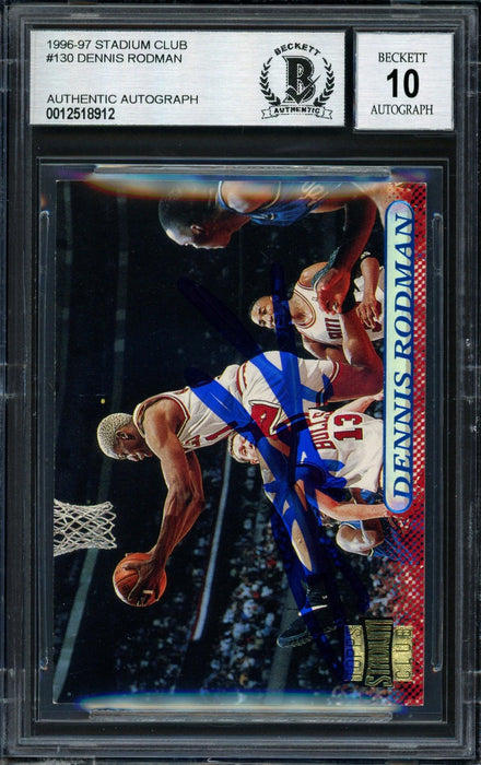 Dennis Rodman Autographed 1996-97 Stadium Club Card #130 Chicago Bulls Auto Grade 10 Beckett BAS #12518912 - RSA