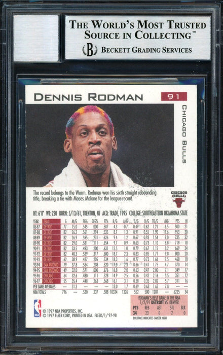 Dennis Rodman Autographed 1997-98 Fleer Card #91 Chicago Bulls Auto Grade 10 Beckett BAS #12518945 - RSA