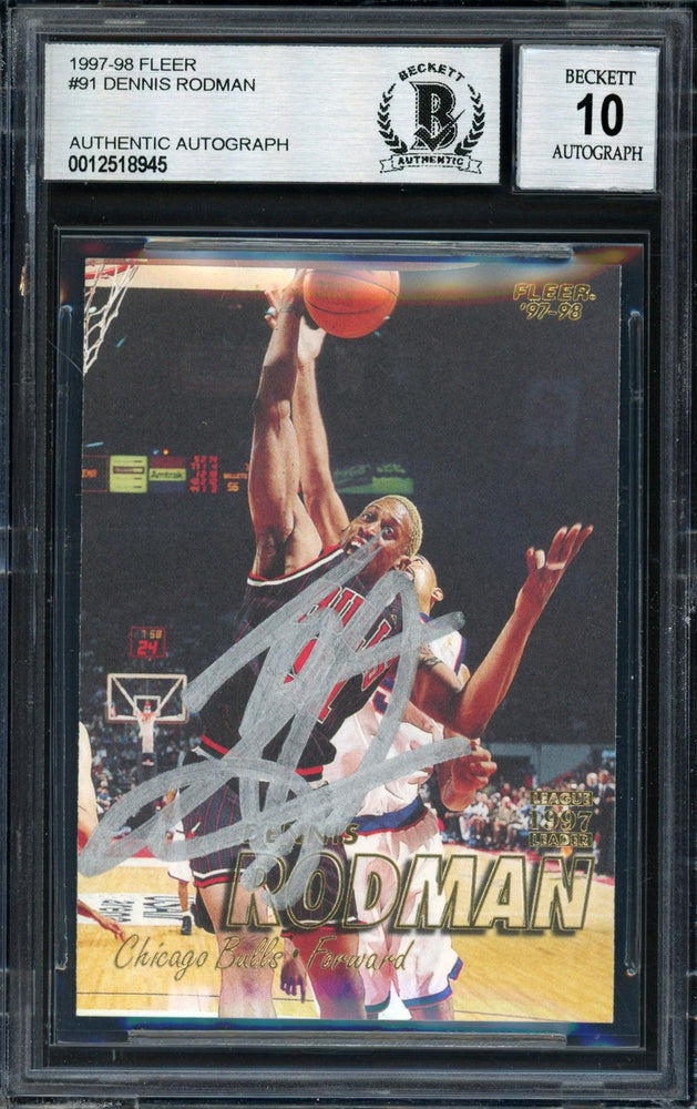 Dennis Rodman Autographed 1997-98 Fleer Card #91 Chicago Bulls Auto Grade 10 Beckett BAS #12518945 - RSA