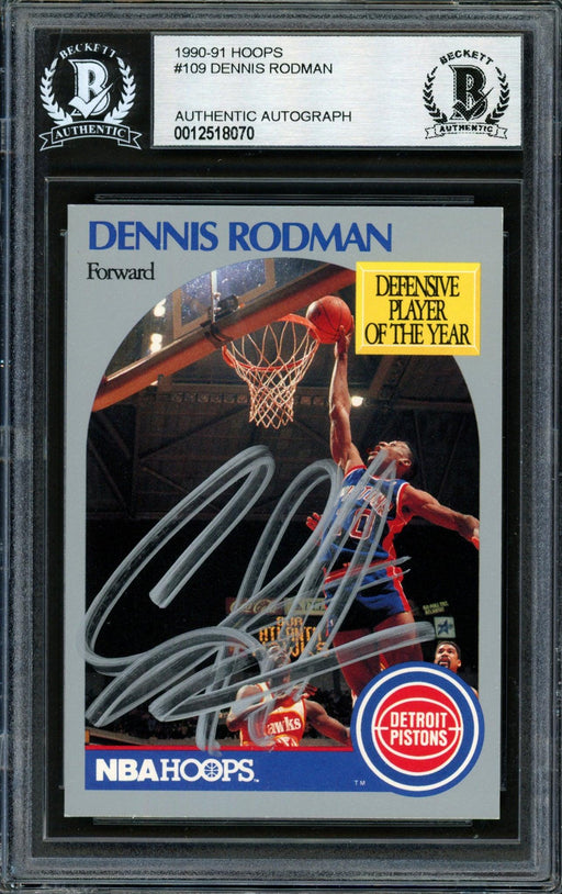 Dennis Rodman Autographed 1990-91 Hoops Card #109 Detroit Pistons Beckett BAS Stock #184828 - RSA