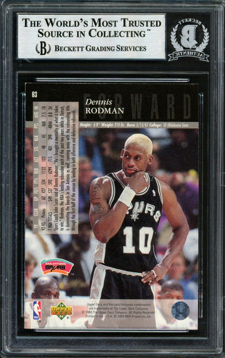 Dennis Rodman Autographed 1993-94 Upper Deck Card #63 San Antonio Spurs Beckett BAS #12518342 - RSA