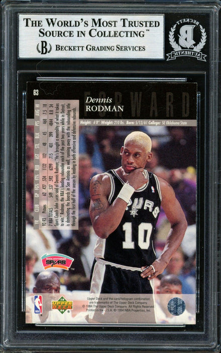 Dennis Rodman Autographed 1993-94 Upper Deck Card #63 San Antonio Spurs Beckett BAS #12518343 - RSA