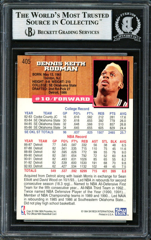 Dennis Rodman Autographed 1993-94 Hoops Card #405 San Antonio Spurs Beckett BAS Stock #184896 - RSA