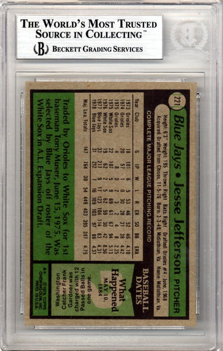 Jesse Jefferson Autographed 1979 Topps Card #221 Toronto Blue Jays Beckett BAS #10211562 - RSA