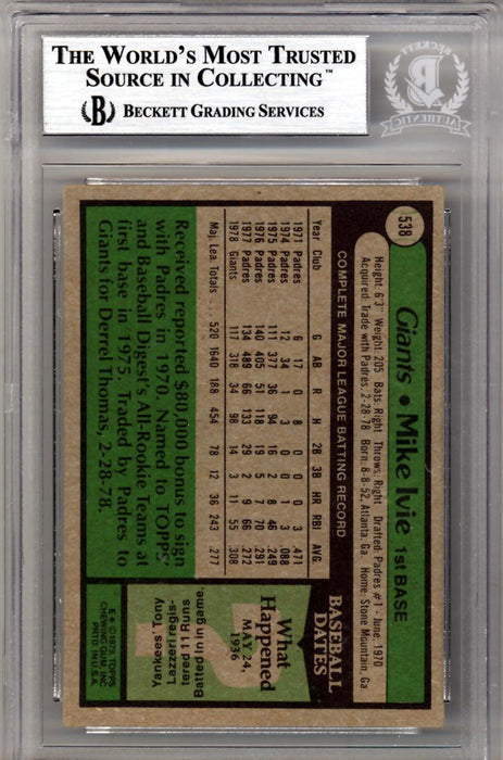 Mike Ivie Autographed 1979 Topps Card #538 San Diego Padres Beckett BAS #10211564 - RSA