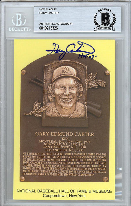 Gary Carter Autographed HOF Plaque Postcard Expos, Mets "HOF 03" Beckett BAS STOCK #128122 - RSA