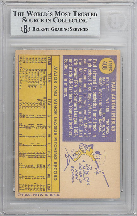 Paul Lindblad Autographed 1970 Topps Card #408 Oakland A's Beckett BAS #10265658 - RSA