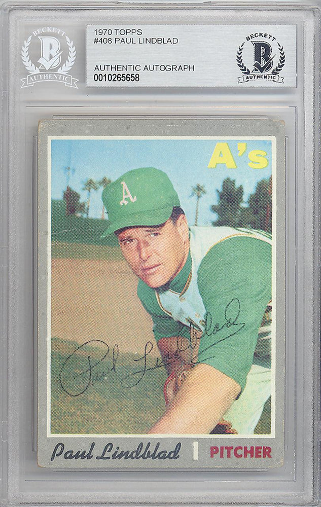 Paul Lindblad Autographed 1970 Topps Card #408 Oakland A's Beckett BAS #10265658 - RSA
