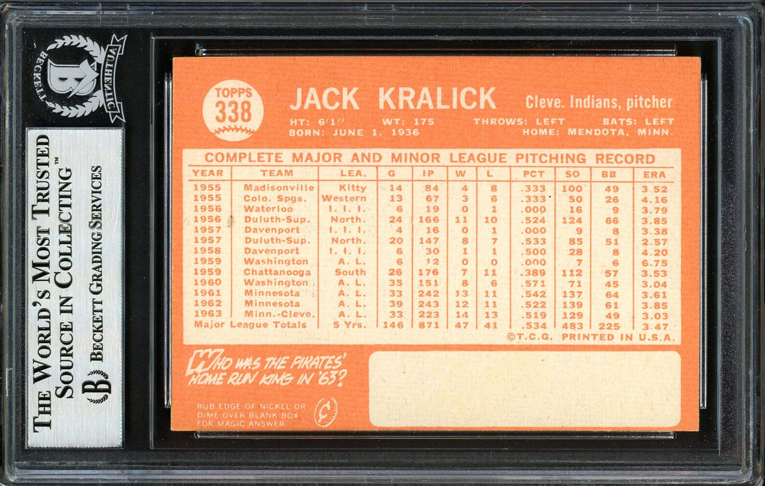 Jack Kralick Autographed 1964 Topps Card #338 Cleveland Indians Beckett BAS #12409434 - RSA