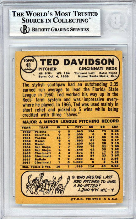 Ted Davidson Autographed 1968 Topps Card #48 Cincinnati Reds Beckett BAS #10378353 - RSA