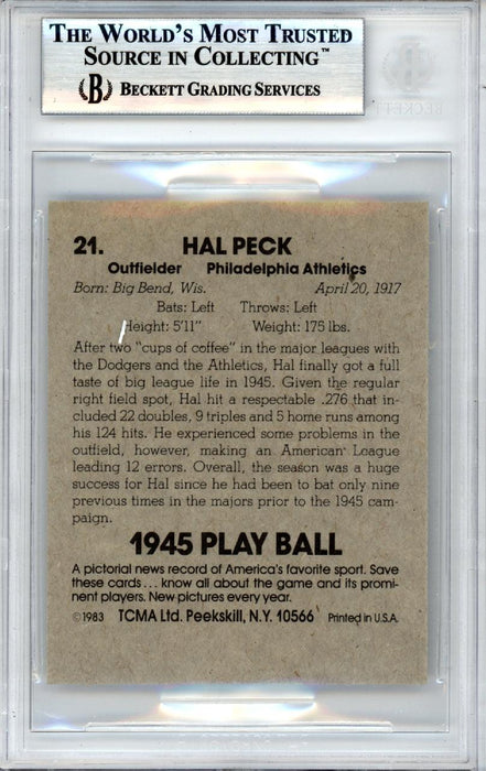 Hal Peck Autographed 1983 TCMA 1945 Play Ball Reprint Card #21 Philadelphia A's Beckett BAS #10379290 - RSA