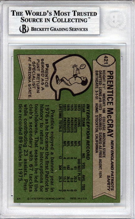 Prentice McCray Autographed 1978 Topps Card #421 New England Patriots Beckett BAS #10447457 - RSA