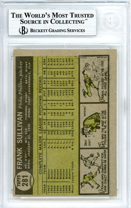 Frank Sullivan Autographed 1961 Topps Card #281 Philadelphia Phillies Beckett BAS #10540136 - RSA