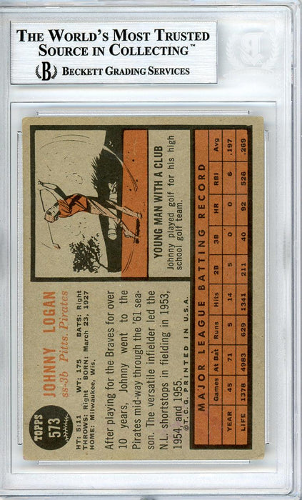 Johnny Logan Autographed 1962 Topps Card #573 Pittsburgh Pirates Beckett BAS #10540245 - RSA