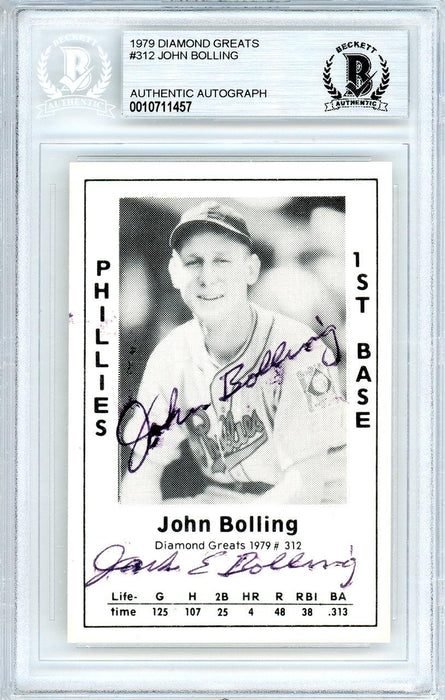Jack John Bolling Autographed 1979 Diamond Greats Card #312 Philadelphia Phillies Beckett BAS #10711457 - RSA
