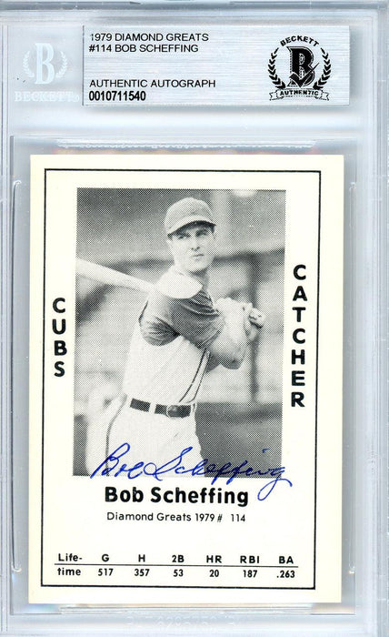 Bob Scheffing Autographed 1979 Diamond Greats Card #114 Chicago Cubs Beckett BAS #10711540 - RSA