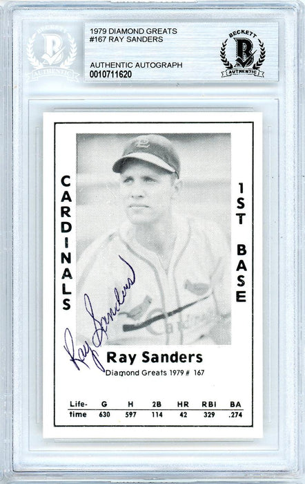 Ray Sanders Autographed 1979 Diamond Greats Card #167 St. Louis Cardinals Beckett BAS #10711620 - RSA
