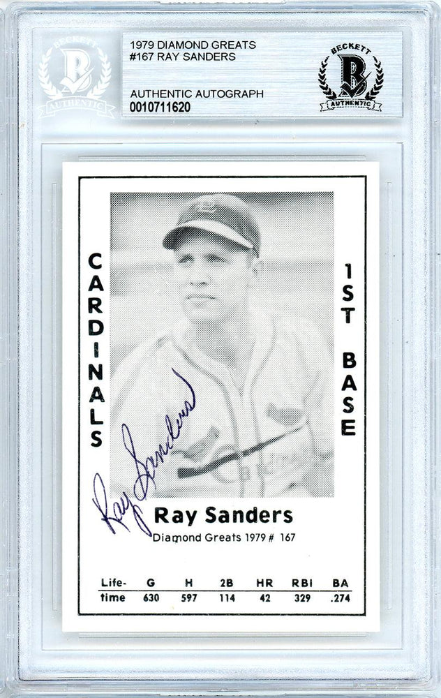 Ray Sanders Autographed 1979 Diamond Greats Card #167 St. Louis Cardinals Beckett BAS #10711620 - RSA