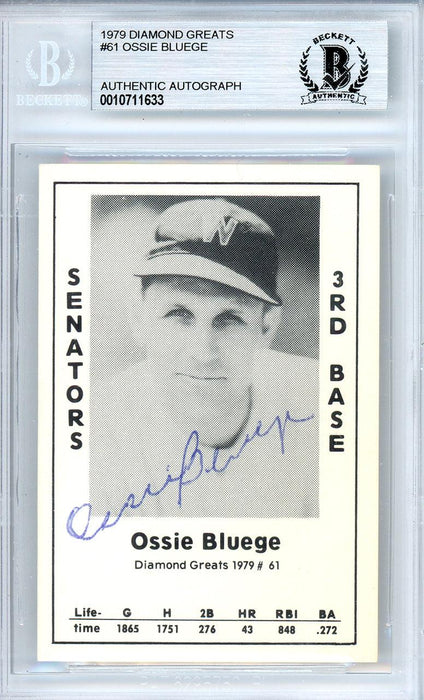 Ossie Bluege Autographed 1979 Diamond Greats Card #61 Washington Senators Beckett BAS #10711633 - RSA